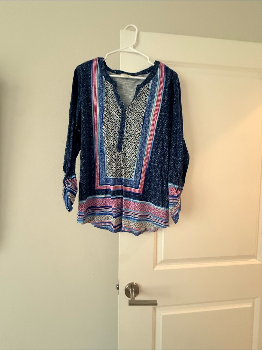 Style & Co. Navy Peasant Tunic with Pink and Light Blue Trim